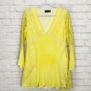 Danity Yellow Lace Crochet Bell Sleeve Mini Dress
